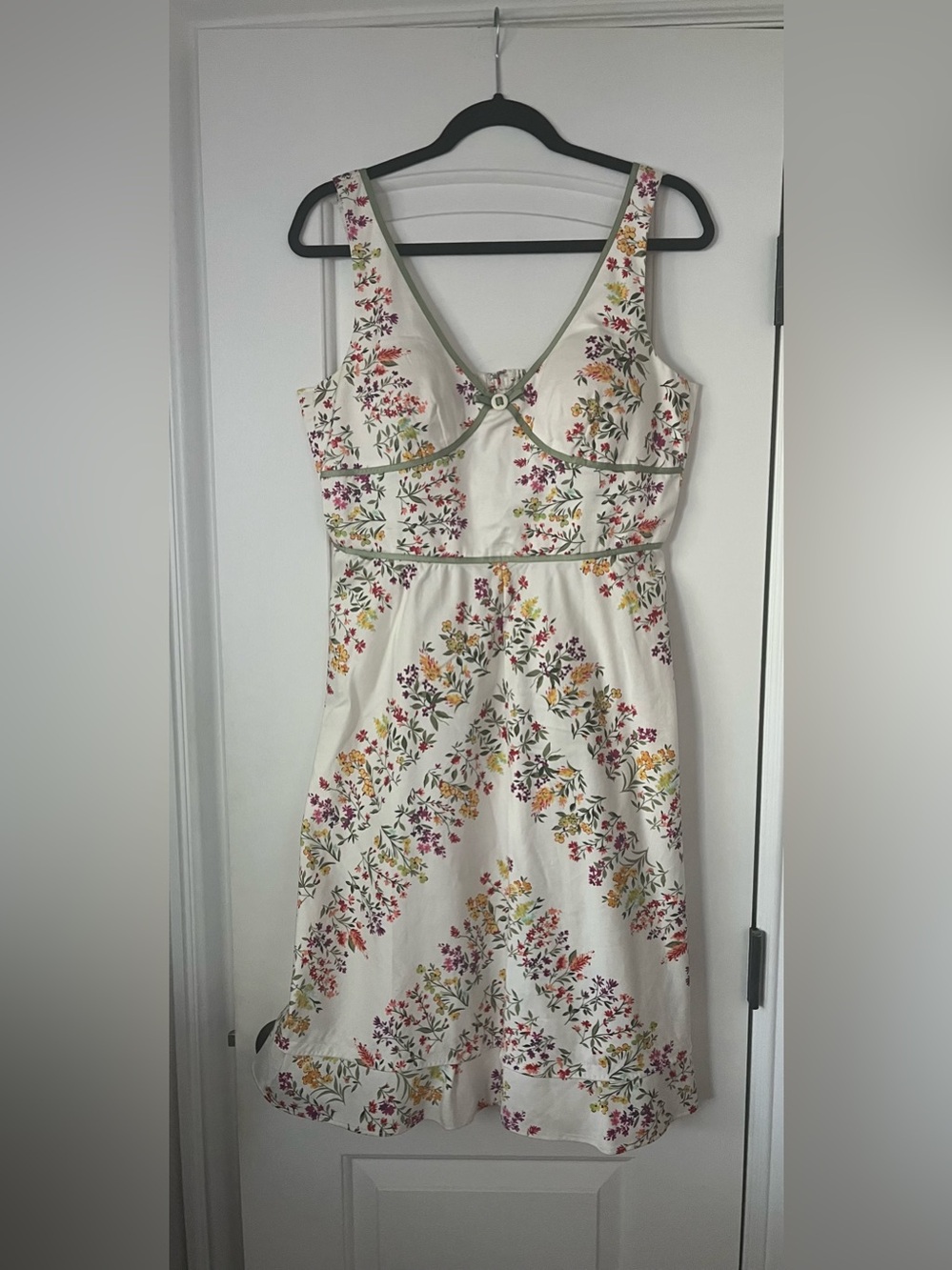 dressbarn Cream Floral Dress with Green Trim